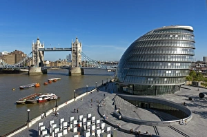 Contrasts Prints: City Hall and Tower Bridge, London, England, United Kingdom, Europe