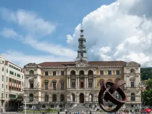 Public Space Prints: City Hall (Town Hall) and modern sculpture by Jorge de Oteiza
