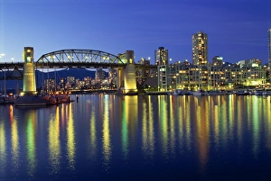 Vancouver Prints: City lights reflected in the water of False Creek, below Burrard Bridge at night