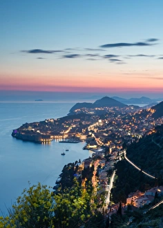 The city lights at sunset over the old town of Dubrovnik, UNESCO World Heritage Site