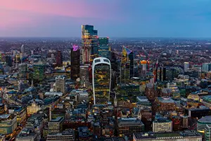 City of London skyscrapers at dusk, including Walkie Talkie building, from above, London