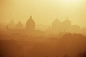 City under morning fog