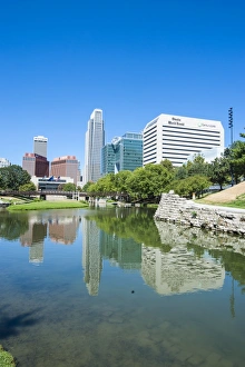 Parks Prints: City park lagoon with downtown Omaha, Nebraska, United States of America, North America