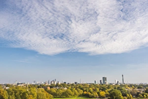 Urban Sprawl Prints: City skyline in autumn seen from Primrose Hill, Chalk Farm, London Borough of Camden