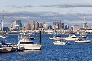 Boston Prints: City skyline and boats moored in the harbour, Boston, Massachusetts, New England