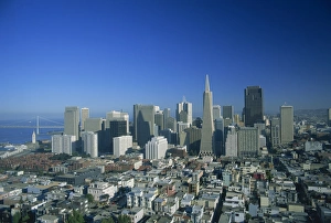 City skyline with downtown skyscrapers viewed from