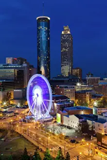 Ferris Wheel Prints: City skyline, elevated view over Downtown and the Centennial Olympic Park in Atlanta