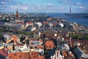 Aerials Prints: City skyline, including the TV Tower, Riga, Latvia, Baltic States, Europe
