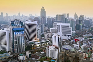 City skyline looking along the BTS Skytrain, Sukhumvit Road and Phloen Chit, with