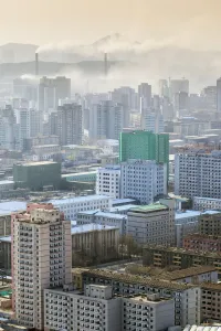 North Korean Prints: City skyline and pollution from coal fired power plants