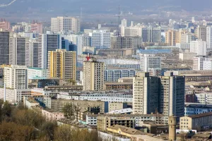 North Korean Prints: City skyline, Pyongyang, Democratic Peoples Republic of Korea (DPRK), North Korea, Asia