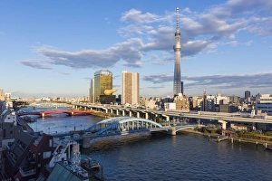 Traditionally Japanese Prints: City skyline and Skytree on the Sumida River, Tokyo, Japan, Asia