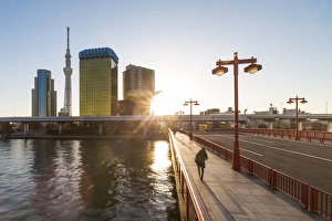 Traditionally Japanese Prints: City skyline and the Skytree on the Sumida River at dawn, Tokyo, Japan, Asia