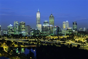 Australian Prints: City skyline and Swan River from Kings Park in the evening, Perth, Western Australia