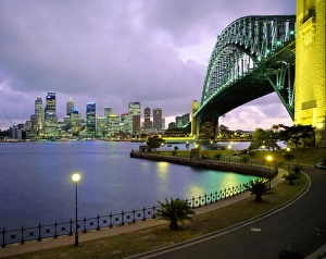 Banister Prints: City skyline and the Sydney Harbour Bridge at dusk, Sydney, New South Wales, Australia