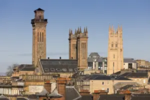 City skyline view of the towers of Trinity College and Park Church in the West End of Glasgow