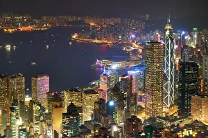 Vanishing Point Prints: City skyline viewed from Victoria Peak by night, Hong Kong, China, Asia