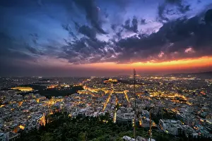 Athens Prints: City at sunset with Parthenon and Acropolis seen from Lycabettus hill viewpoint