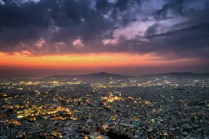 Athens Prints: City at sunset with Parthenon and Acropolis seen from Lycabettus hill viewpoint