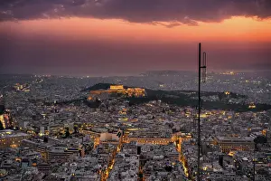 Athens Prints: City at sunset with Parthenon and Acropolis seen from Lycabettus hill viewpoint