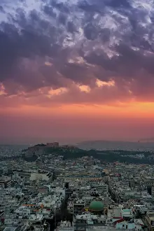 Romance Prints: City at sunset with Parthenon and Acropolis seen from Lycabettus hill viewpoint