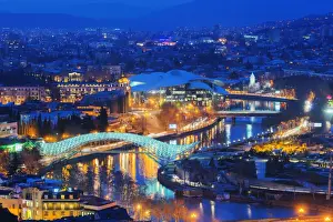 Bridge Of Peace Prints: City view, Bridge of Peace and Public Service Hall House of Justice on Mtkvari River