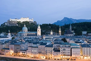 Austrian Prints: City view at dusk, Salzburg, Austria, Europe