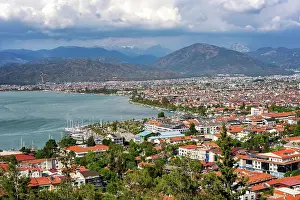 Fethiye Prints: City view of Fethiye on a sunny day with mountains and sea visible in Turkey