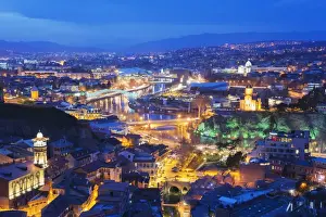 Bridge Of Peace Prints: City view including Bridge of Peace and Public Service Hall House of Justice on Mtkvari River