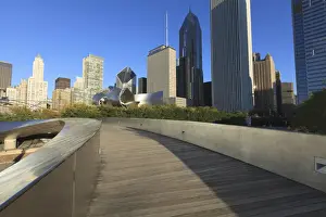 Sky Scrapers Prints: Cityscape from the BP Pedestrian Bridge designed by Frank Gehry which links Grant Park and Millennium Park