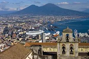 Bell Tower Prints: Cityscape with Certosa di San Martino and Mount Vesuvius Naples, Campania, Italy, Europe