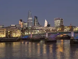 Light Beam Prints: Cityscape with complete 22 Bishopsgate Tower and Southwark Bridge at dusk, London