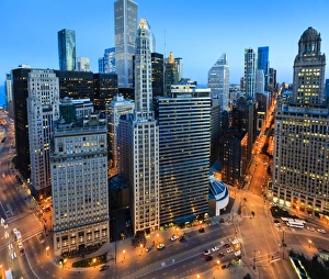 High Rise Prints: Cityscape at dusk, high angle view of the Loop district