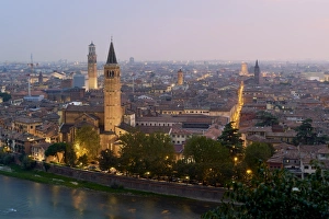 Urban Sprawl Prints: Cityscape at dusk seen from Castel San Pietro, Verona, Veneto, Italy, Europe