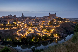 Toledo Prints: Cityscape at dusk, Toledo, Castile-La Mancha, Spain, Europe