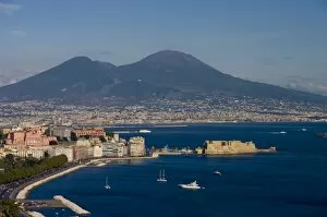 Images Dated 25th September 2008: Cityscape including Castel dell Ovo and Mount Vesuvius, Naples, Campania, Italy, Europe