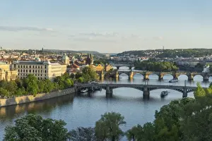 Mala Strana Prints: Cityscape looking down the Vltava River at the bridges connecting the Old Town to Mala Strana