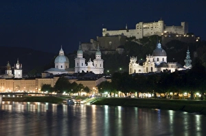 River Salzach Prints: Cityscape with River Salzach at night, Salzburg, Austria