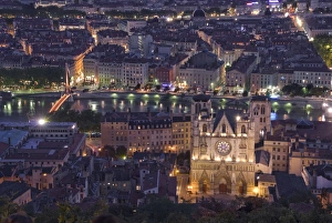 Cityscape, River Saone and cathedral St. Jean at night, Lyons (Lyon), Rhone