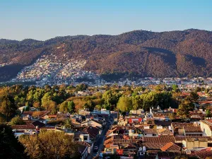 Sustainable Prints: Cityscape of San Cristobal de las Casas at sunset, elevated view, Chiapas State, Mexico