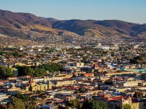 Oaxaca Prints: Cityscape seen from Cerro del Fortin at sunset, Oaxaca de Juarez, Oaxaca State, Mexico