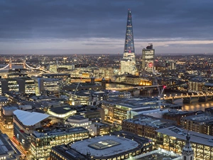 Urban Sprawl Prints: Cityscape with The Shard at dusk, London, England, United Kingdom, Europe