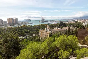 Crane Prints: Cityscape view over city centre and dock area with Trasmediterranea ferry in port
