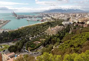 Cranes Prints: Cityscape view over city centre and dock area with Trasmediterranea ferry in port and city hall (Ayuntamiento)