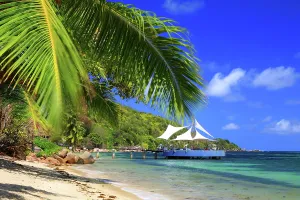 Relax Prints: Clear water and sandy beach at Coco de Mer resort on Praslin Island during a bright sunny day