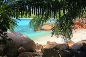 Sunbathing Prints: Clear waters and rocky shores invite visitors to explore the beauty of Anse Lazio beach in Seychelles during a sunny