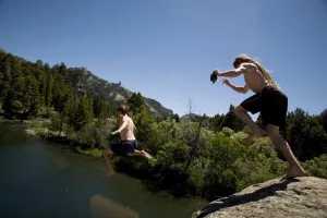 Enjoying Prints: Cliff jumping, Nahuel Huapi National Park, Rio Negro, Argentina, South America