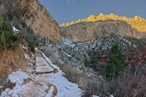 South Rim Prints: The cliffs of Bright Angel Canyon along the Bright Angel Trail in winter at sunrise on the South Rim of Grand Canyon