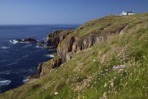 Cliffs and cafe at Lands End, summer sunshine, Cornwall, England, United Kingdom, Europe