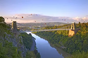 19th Century Gallery: Clifton Suspension Bridge with hot air balloons in the Bristol Balloon Fiesta in August